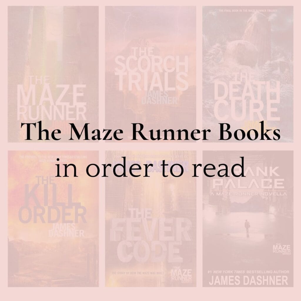 text says the maze runner books in order to read with images of maze runner novel covers in background